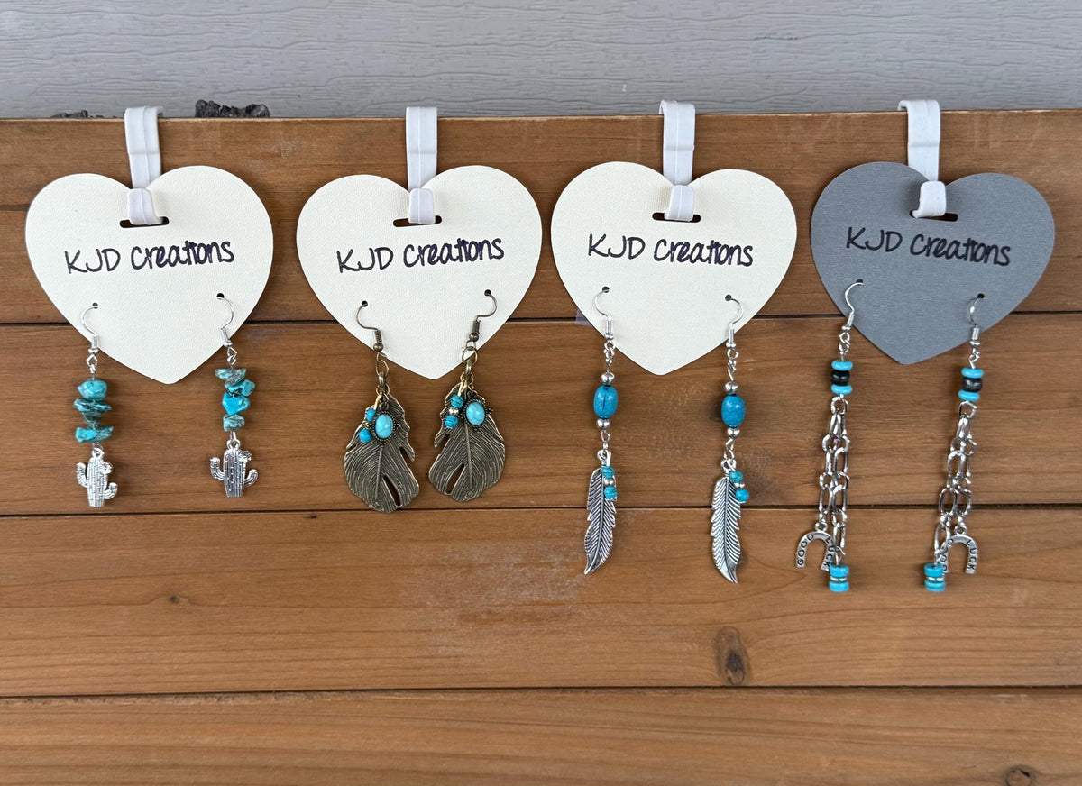 Western Boho Charm Dangle Earrings with Turquoise Accents – Cactus, Feather & Horseshoe Styles