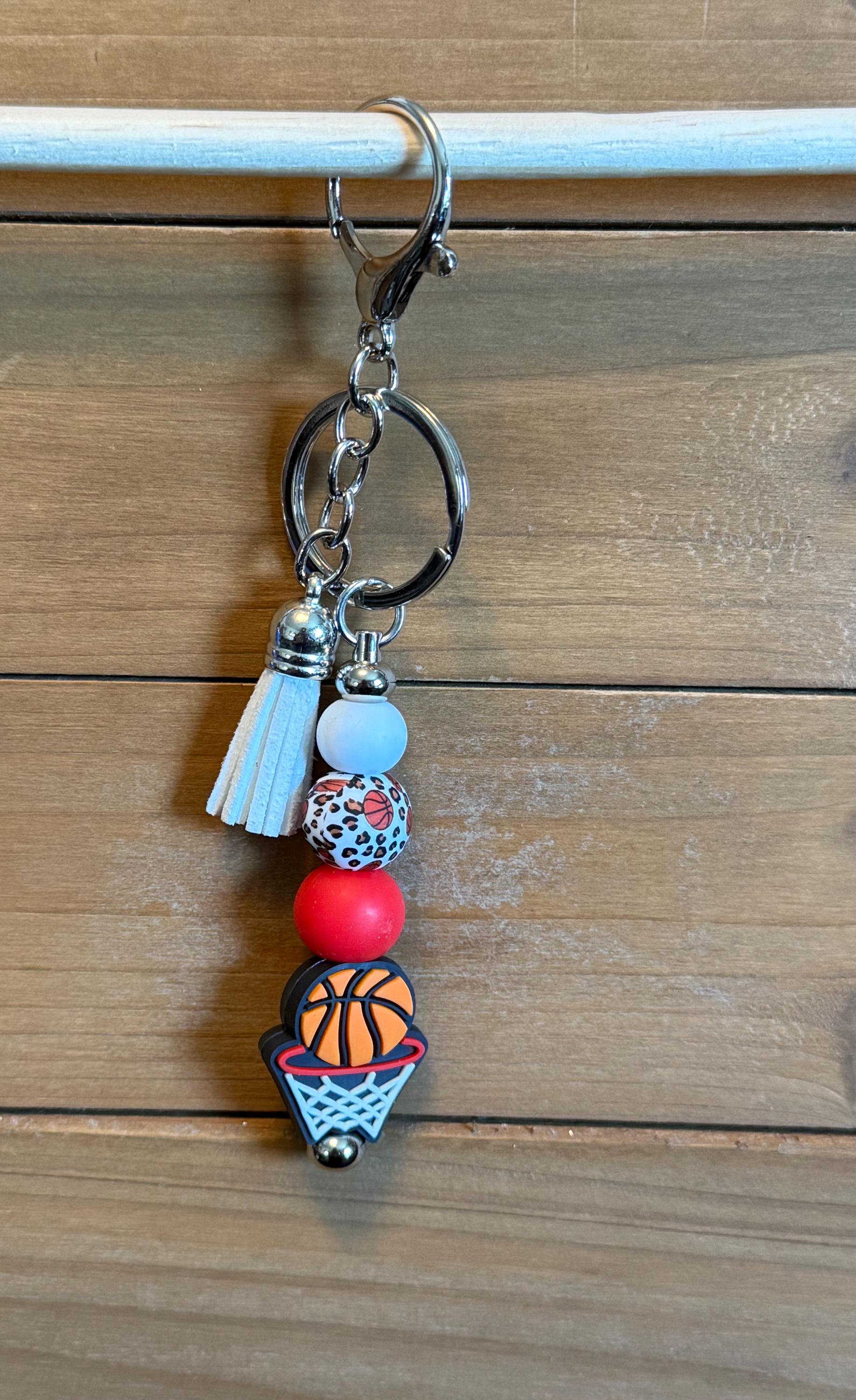 Basketball Silicone Beaded Keychain with Leather Tassel