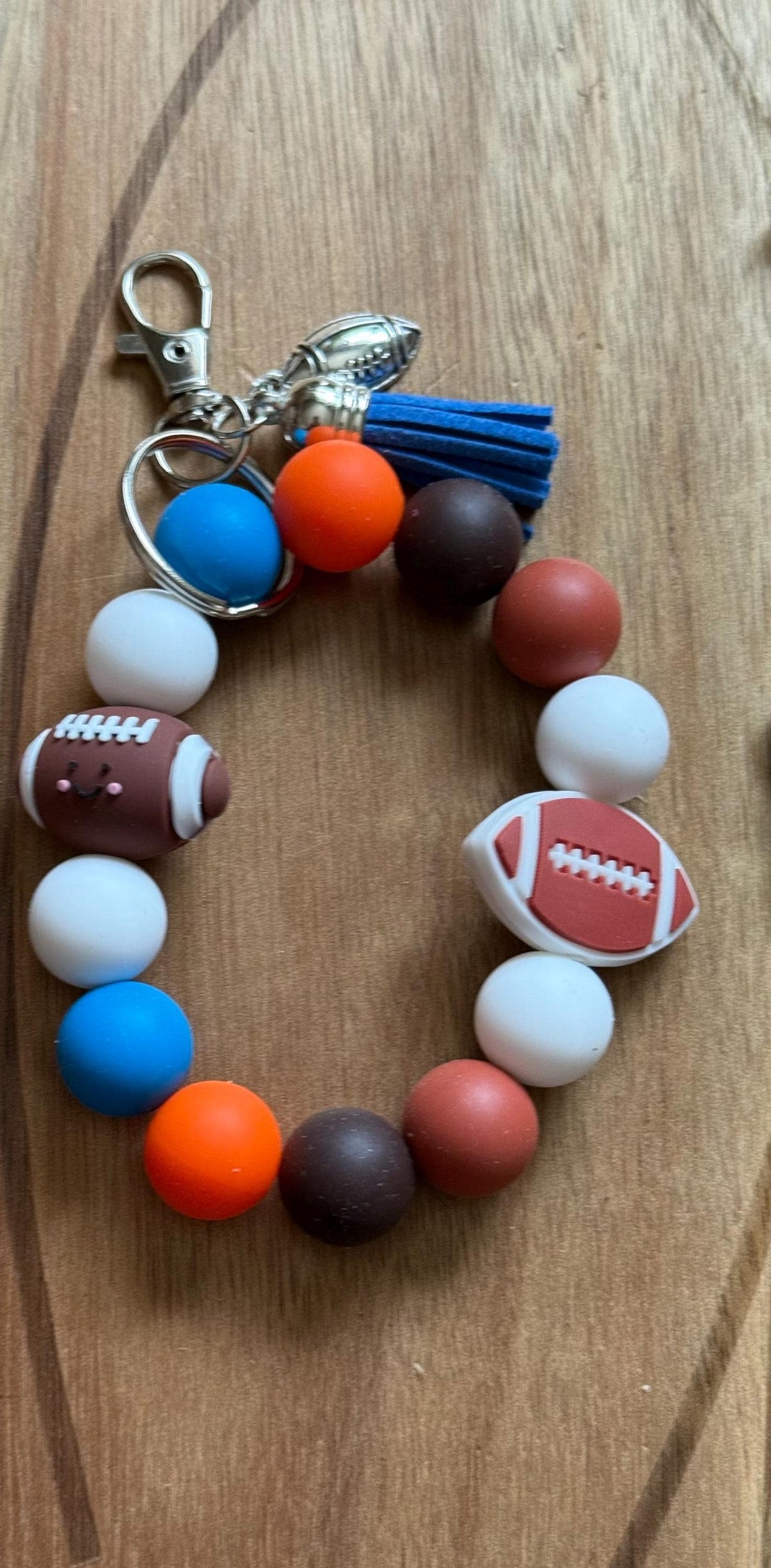 Football Gameday Silicone Beaded Wristlet Bracelet Keychain with Leather Tassel & Silver Charms