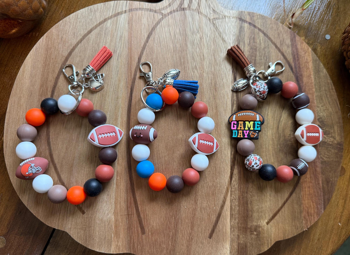 Football Gameday Silicone Beaded Wristlet Bracelet Keychain with Leather Tassel & Silver Charms