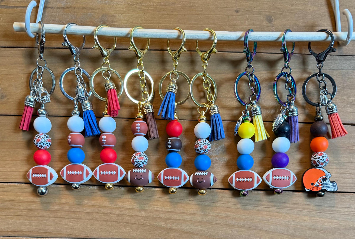 Football Gameday Silicone Beaded Keychain with Leather Tassel