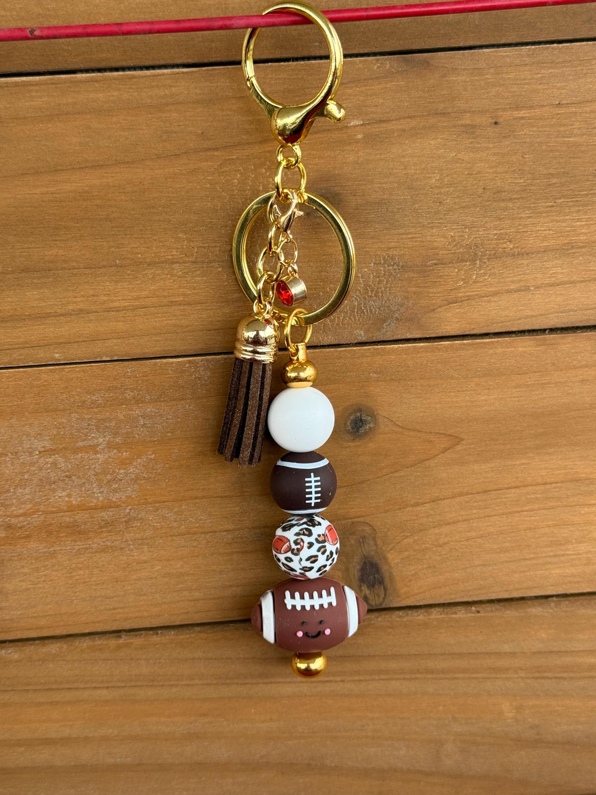 Football Gameday Silicone Beaded Keychain with Leather Tassel