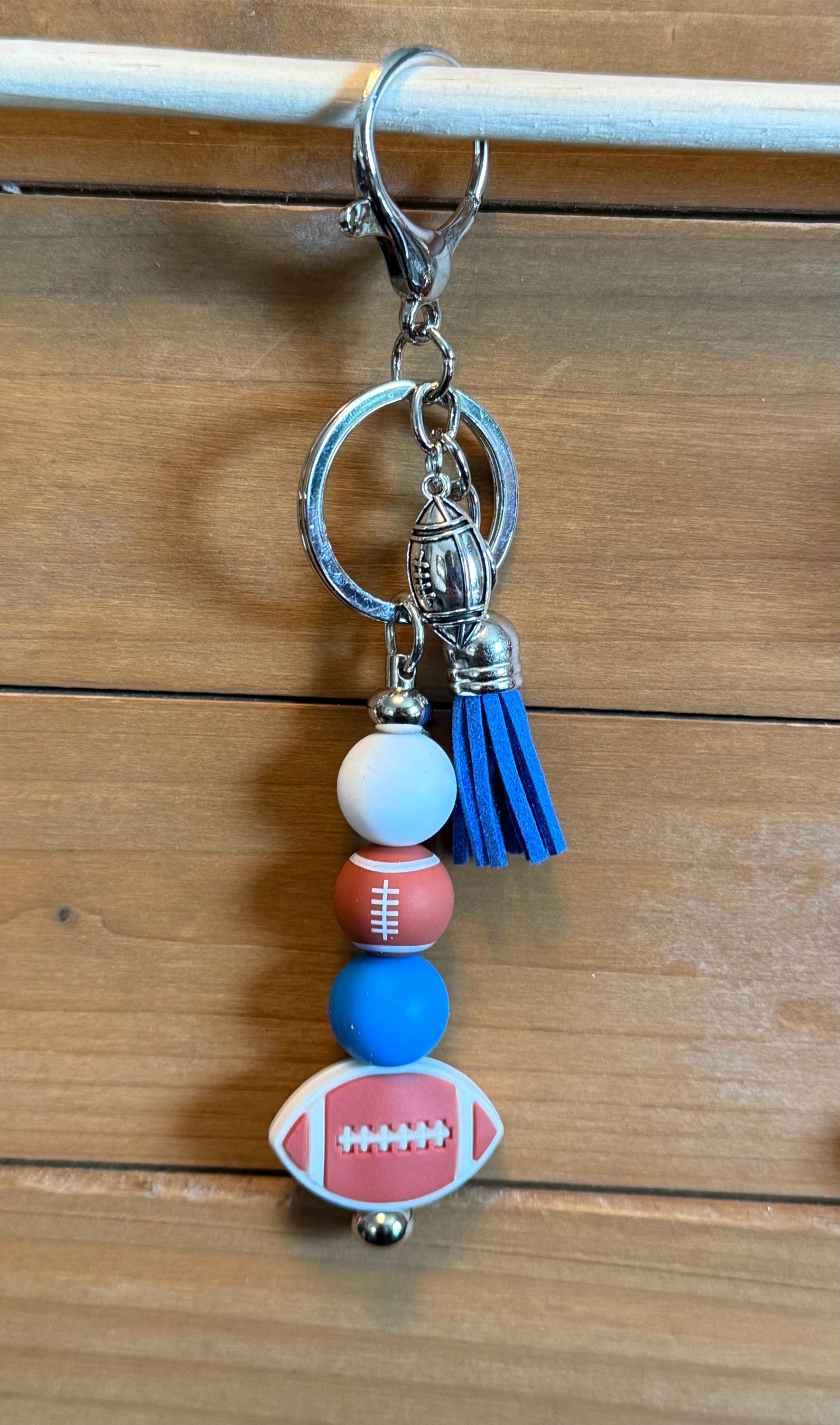 Football Gameday Silicone Beaded Keychain with Leather Tassel