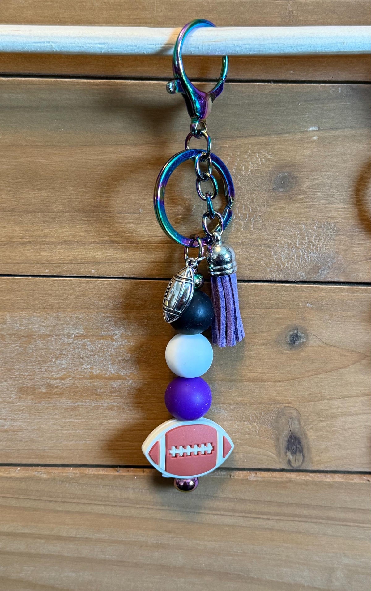 Football Gameday Silicone Beaded Keychain with Leather Tassel