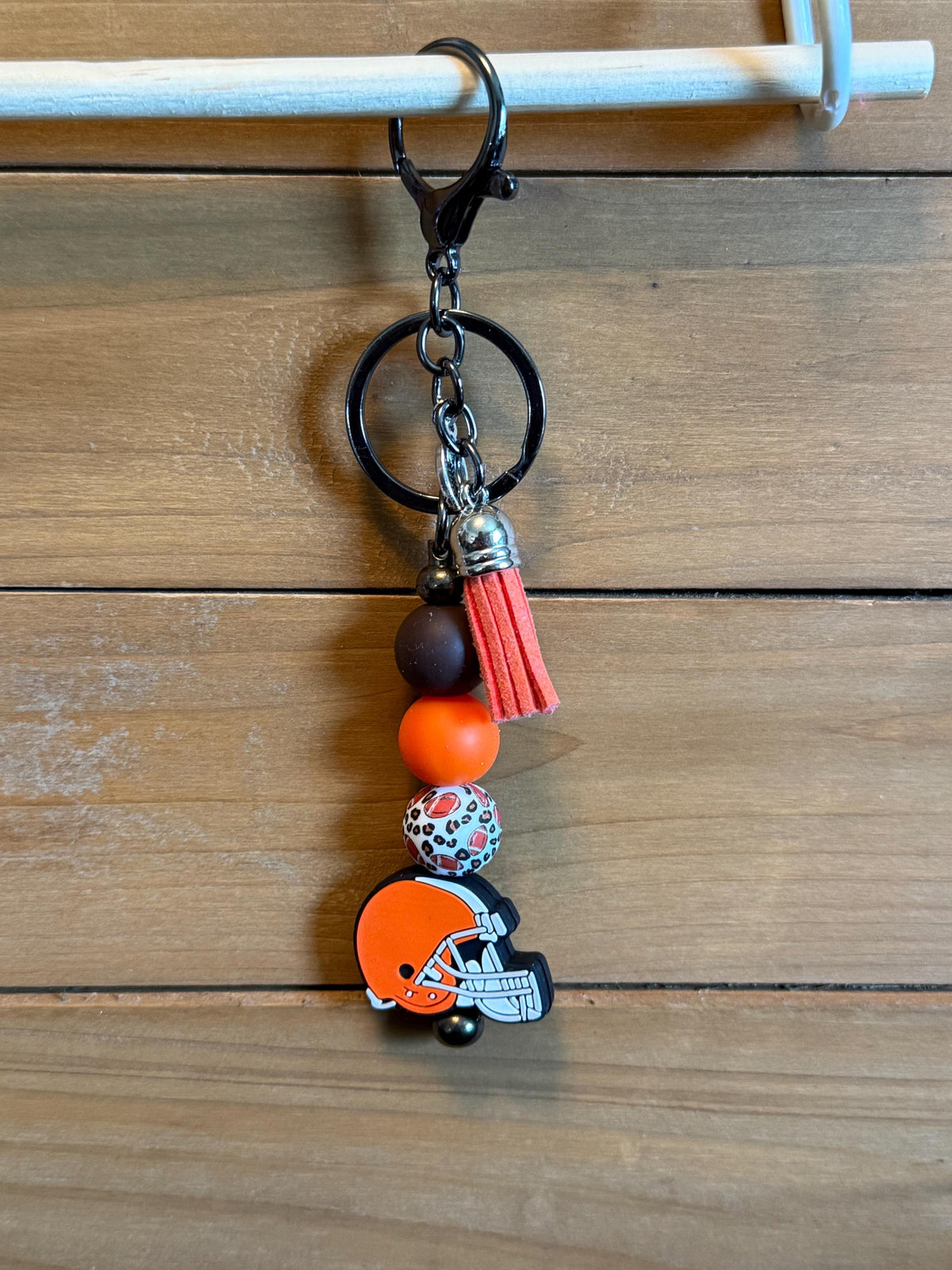 Football Gameday Silicone Beaded Keychain with Leather Tassel