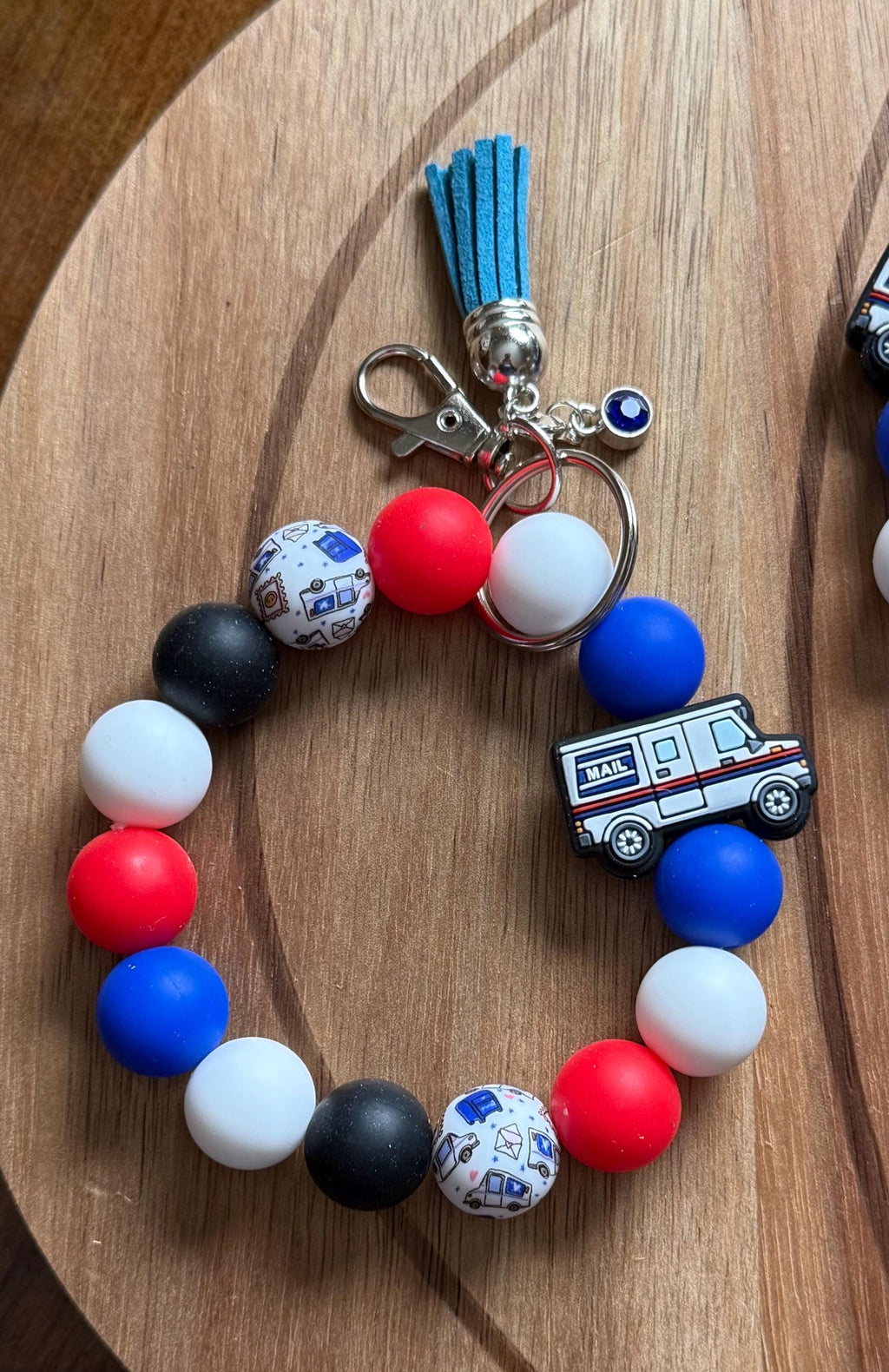 Mail Carrier Delivery Truck Silicone Beaded Wristlet Bracelet Keychain with Leather Tassel