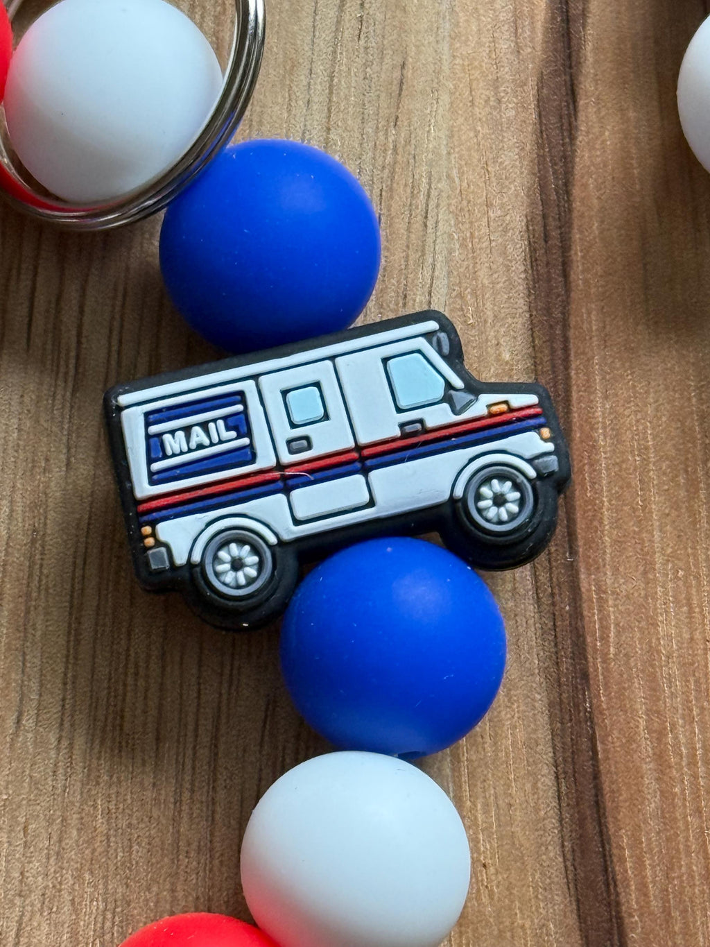 Mail Carrier Delivery Truck Silicone Beaded Wristlet Bracelet Keychain with Leather Tassel