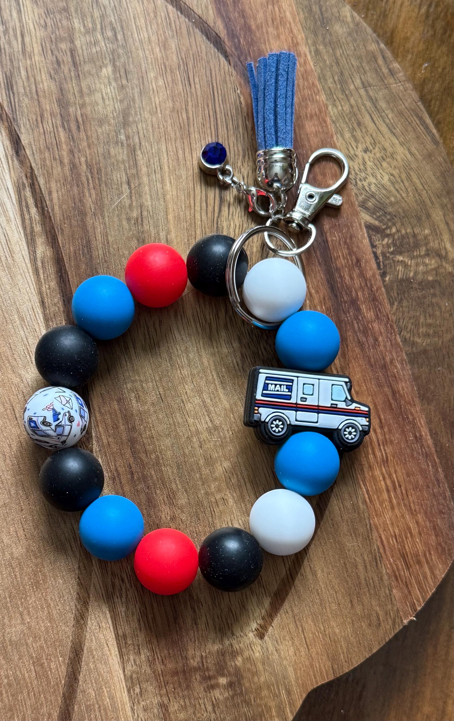 Mail Carrier Delivery Truck Silicone Beaded Wristlet Bracelet Keychain with Leather Tassel