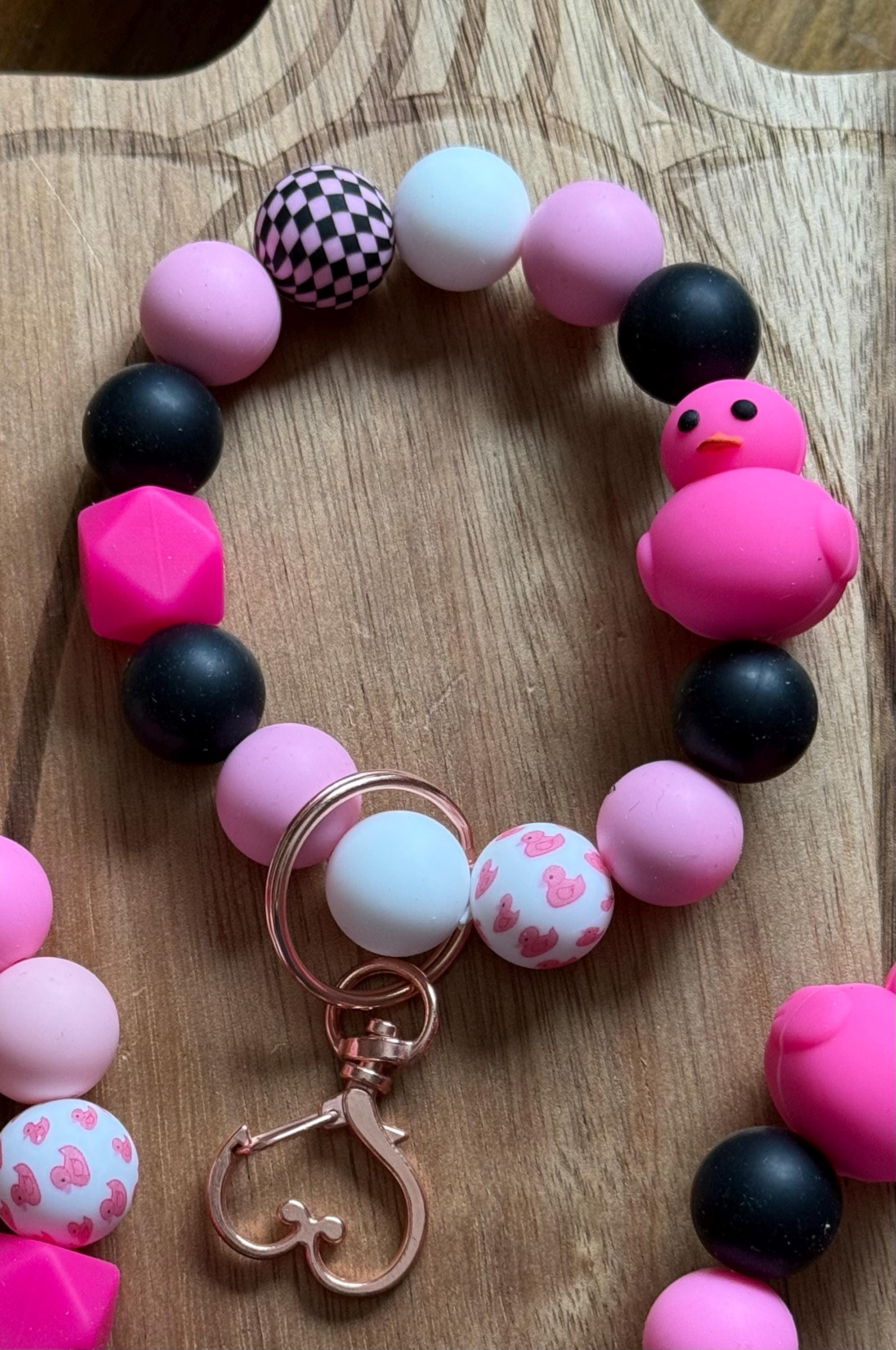 Pink & Black Rubber Duck Silicone Beaded Wristlet Keychain with Leather Tassel