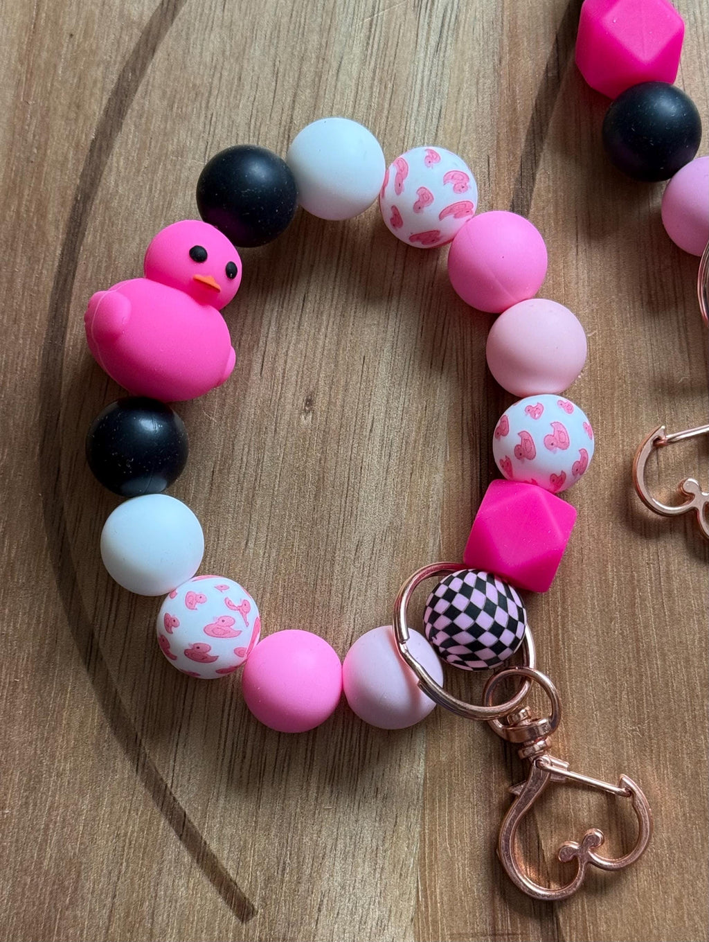 Pink & Black Rubber Duck Silicone Beaded Wristlet Keychain with Leather Tassel
