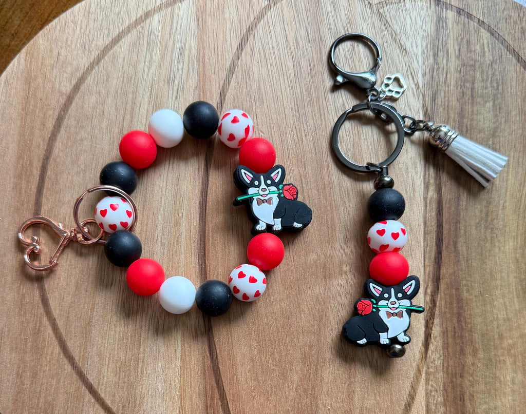 Corgi Dog Silicone Beaded Keychain & Wristlet with Leather Tassel | Pembroke & Cardigan Welsh Corgi