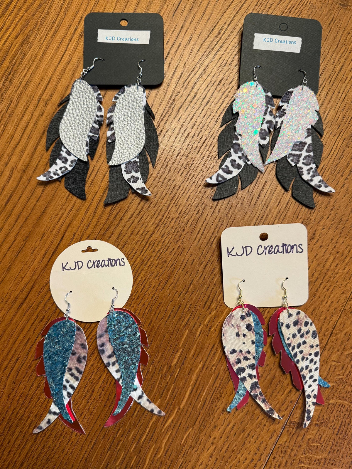 Leopard & Cheetah Print Faux Leather Layered Feather Dangle Earrings - Glitter & Boho Western