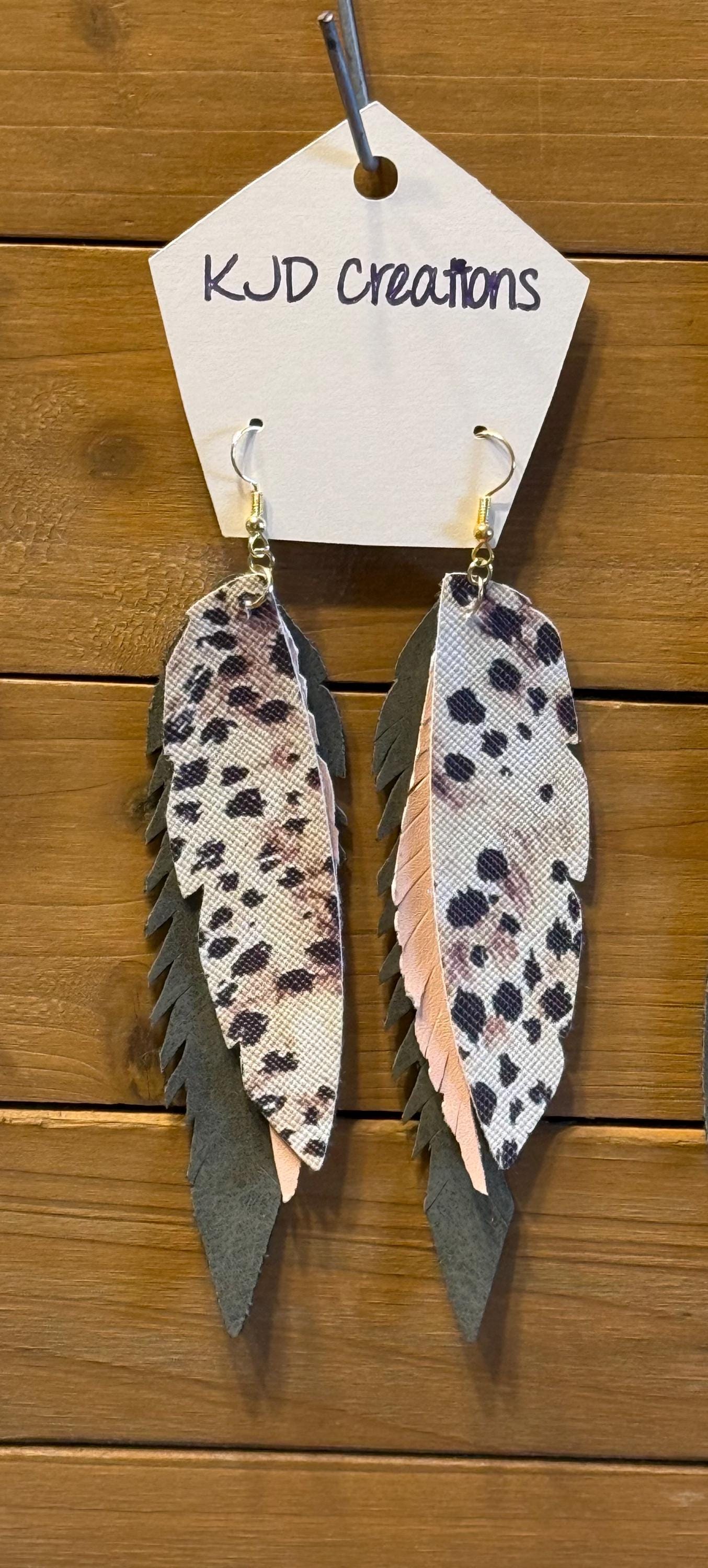 Leopard & Cheetah Print Faux Leather Layered Feather Dangle Earrings - Turquoise, Pink & Earth Tones