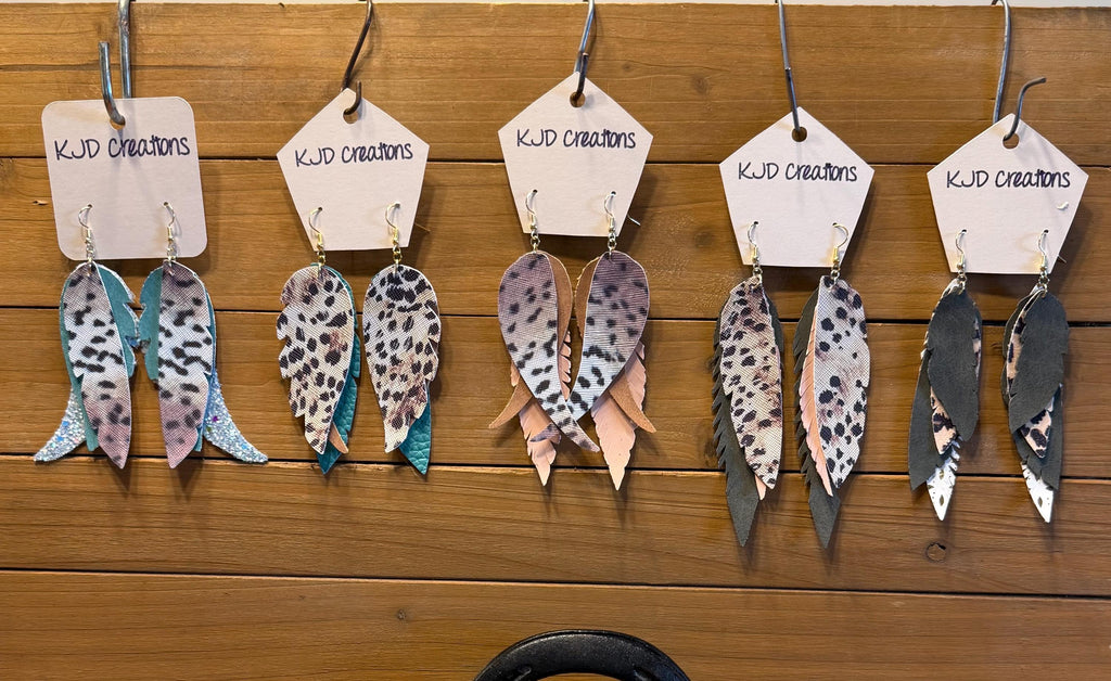 Leopard & Cheetah Print Faux Leather Layered Feather Dangle Earrings - Turquoise, Pink & Earth Tones