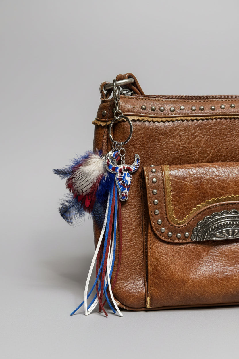 Tie Dye Western boho purse charm clipped to brown studded Western crossbody bag zipper featuring rhinestone-bordered red, white and blue tie-dye longhorn steer charm, red, white and blue marabou and guinea fowl feather bundle, and red, white and blue suede leather fringe tassel strands on silver key ring