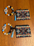 Western Boho Aztec Silicone Beaded Wristlet Keychain with Coin Purse & Leather Tassel