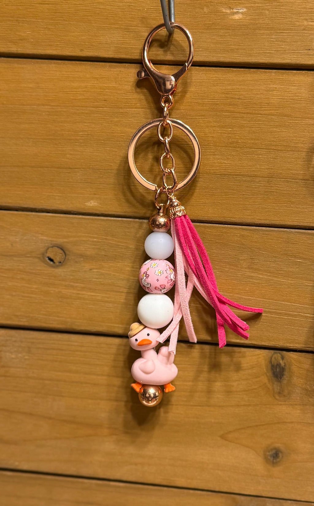 Silly Goose Silicone Beaded Keychain & Wristlet with Leather Tassel | Pink & White Goose