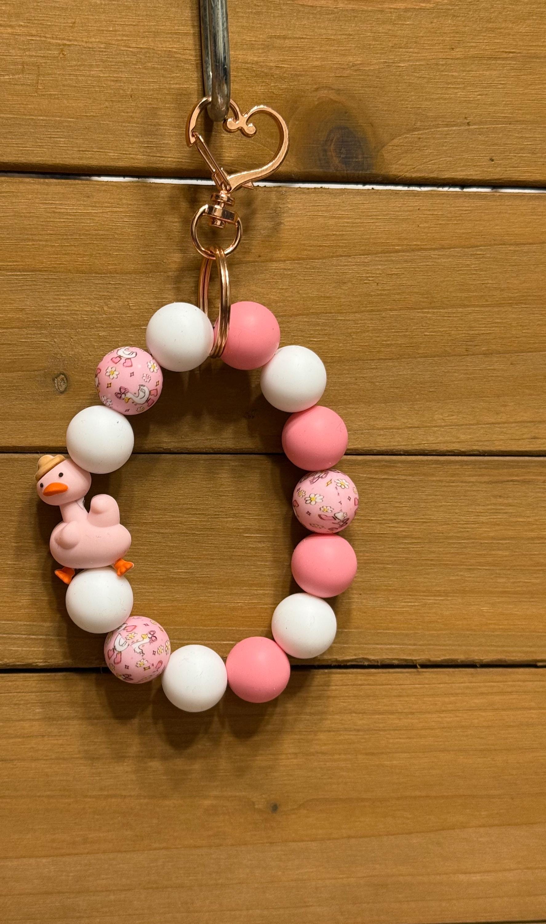 Silly Goose Silicone Beaded Keychain & Wristlet with Leather Tassel | Pink & White Goose