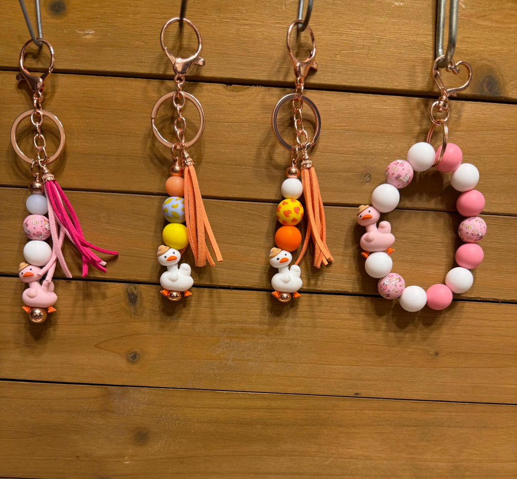 Silly Goose Silicone Beaded Keychain & Wristlet with Leather Tassel | Pink & White Goose