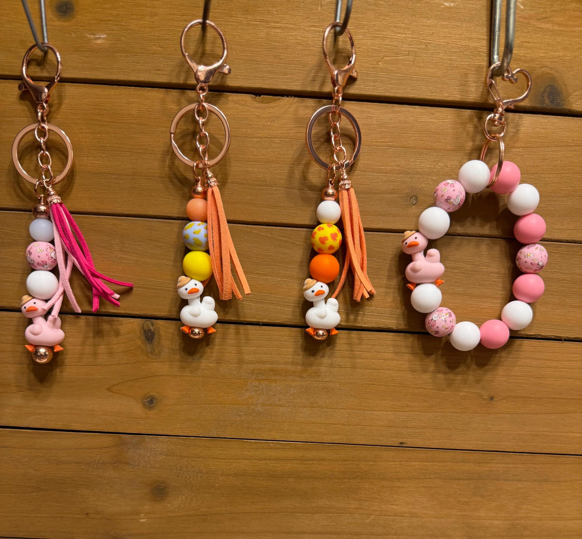 Silly Goose Silicone Beaded Keychain & Wristlet with Leather Tassel | Pink & White Goose