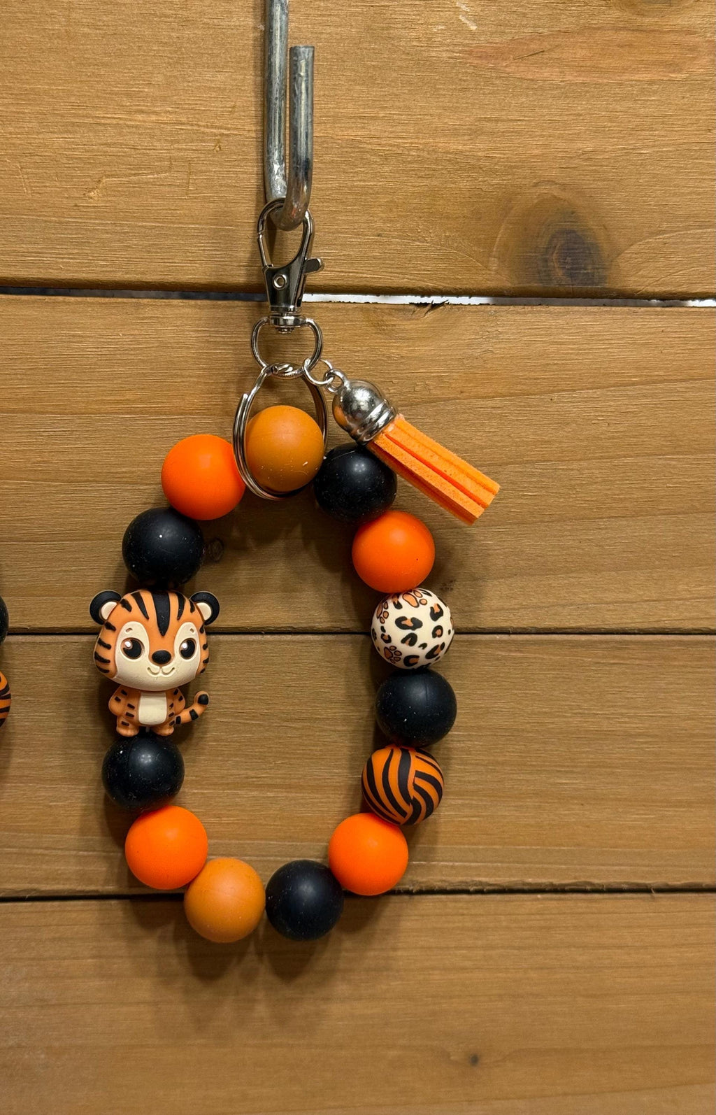 Orange & Black Tiger Striped Silicone Beaded Wristlet Keychain with Leather Tassel