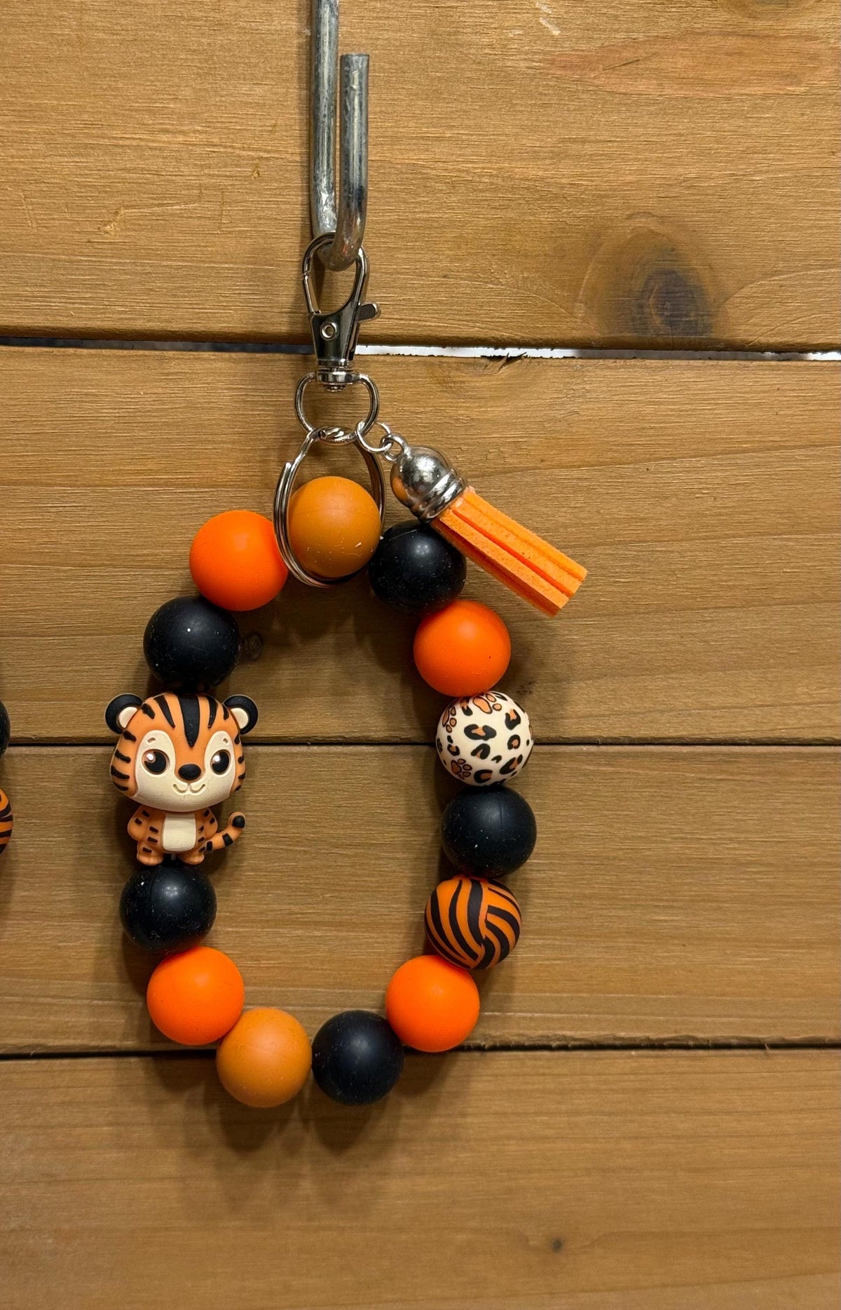 Orange & Black Tiger Striped Silicone Beaded Wristlet Keychain with Leather Tassel