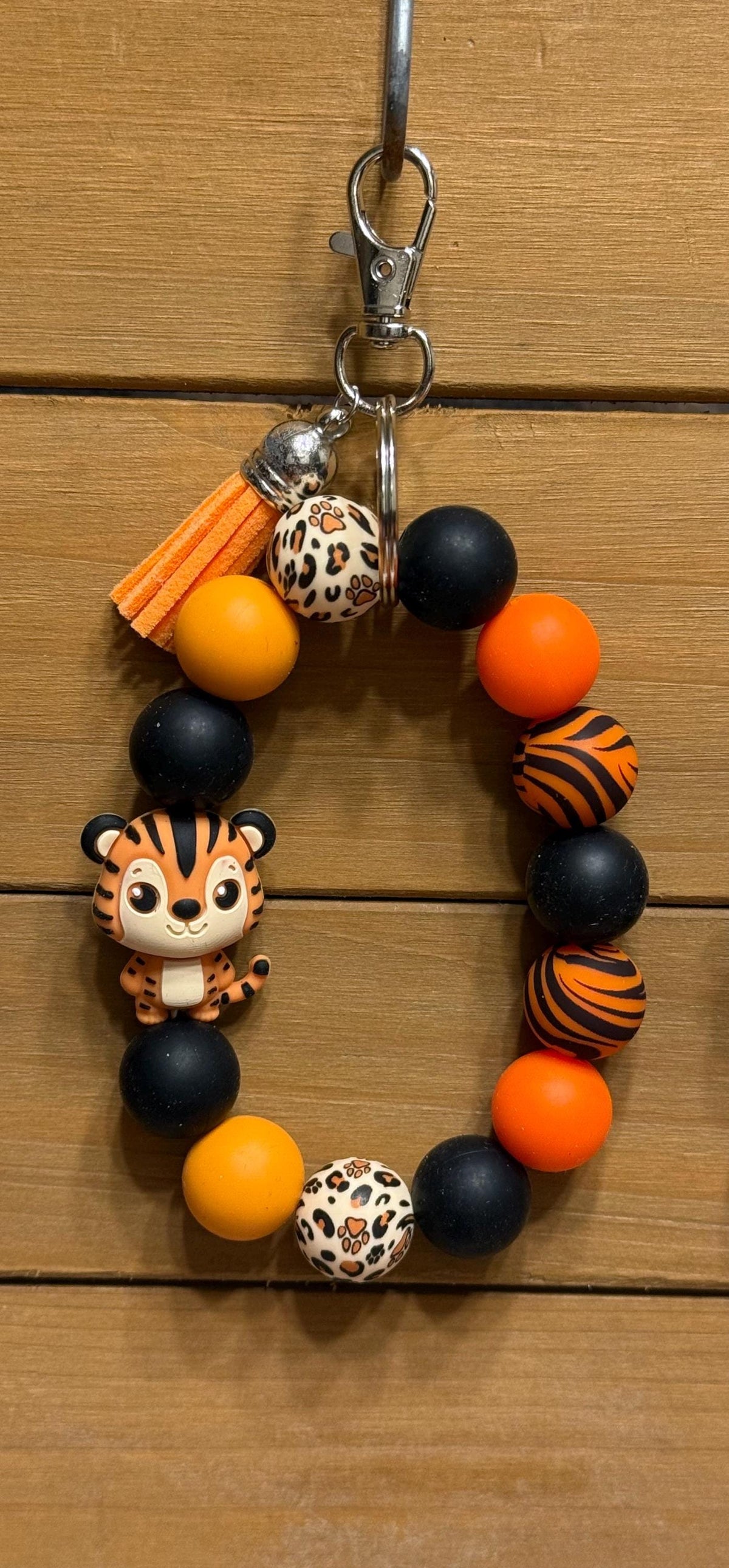 Orange & Black Tiger Striped Silicone Beaded Wristlet Keychain with Leather Tassel