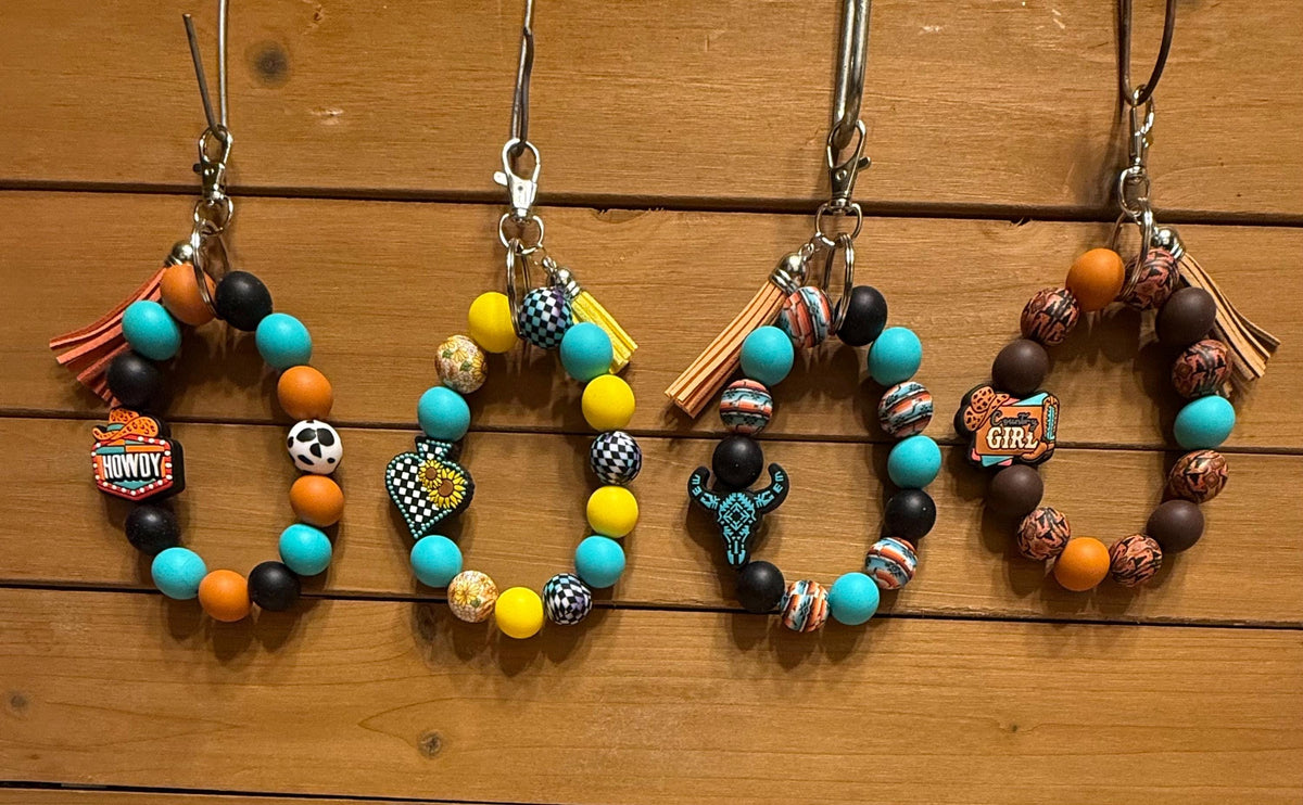 Western Silicone Beaded Wristlet Bracelet Keychain with Leather Tassel | Howdy, Sunflower, Longhorn & Country Girl