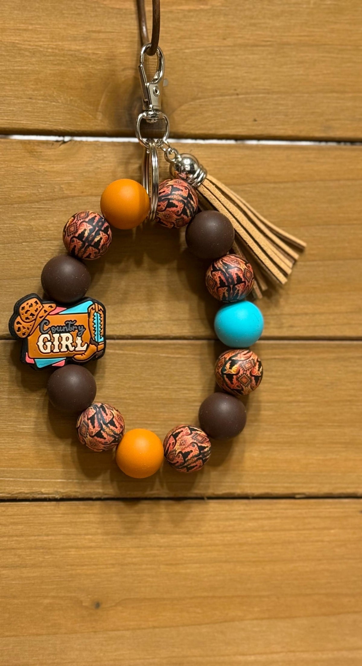 Western Silicone Beaded Wristlet Bracelet Keychain with Leather Tassel | Howdy, Sunflower, Longhorn & Country Girl