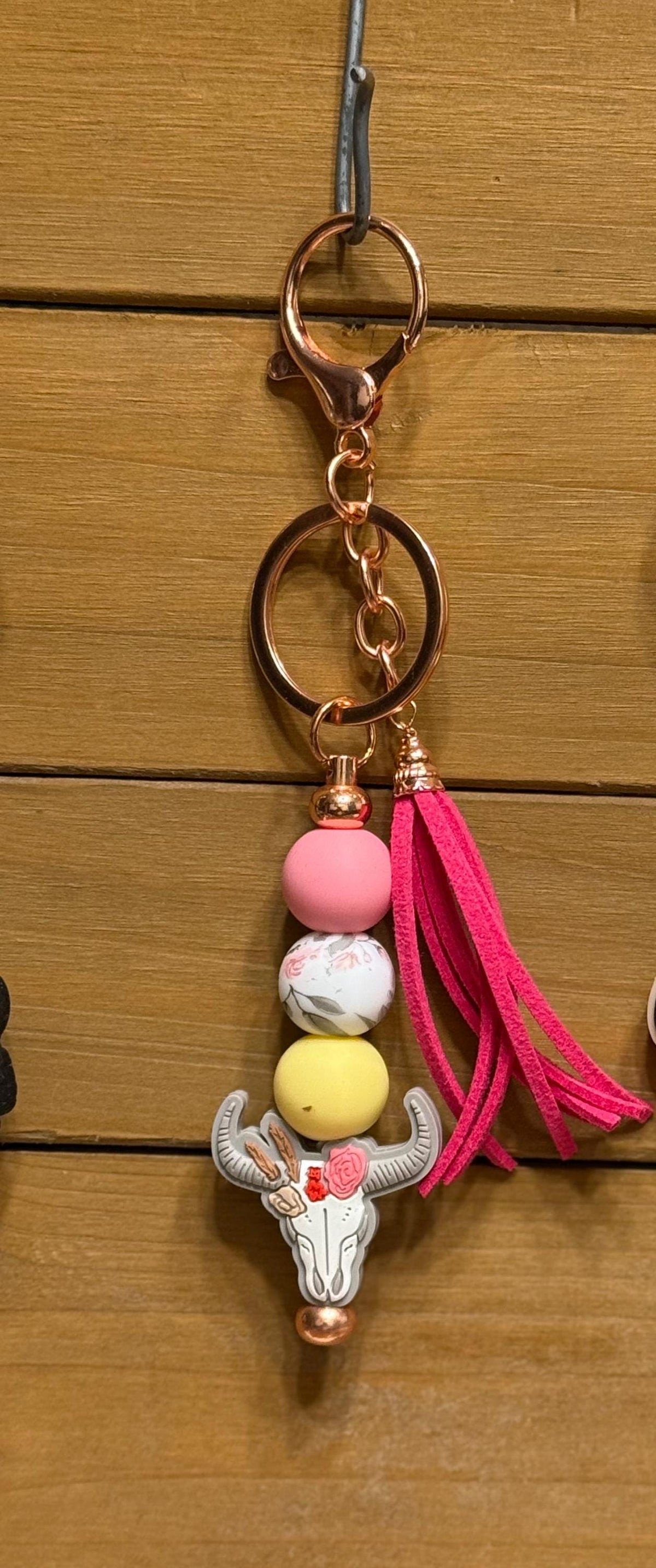 Western Longhorn Steer Skull Silicone Beaded Keychain with Leather Tassel
