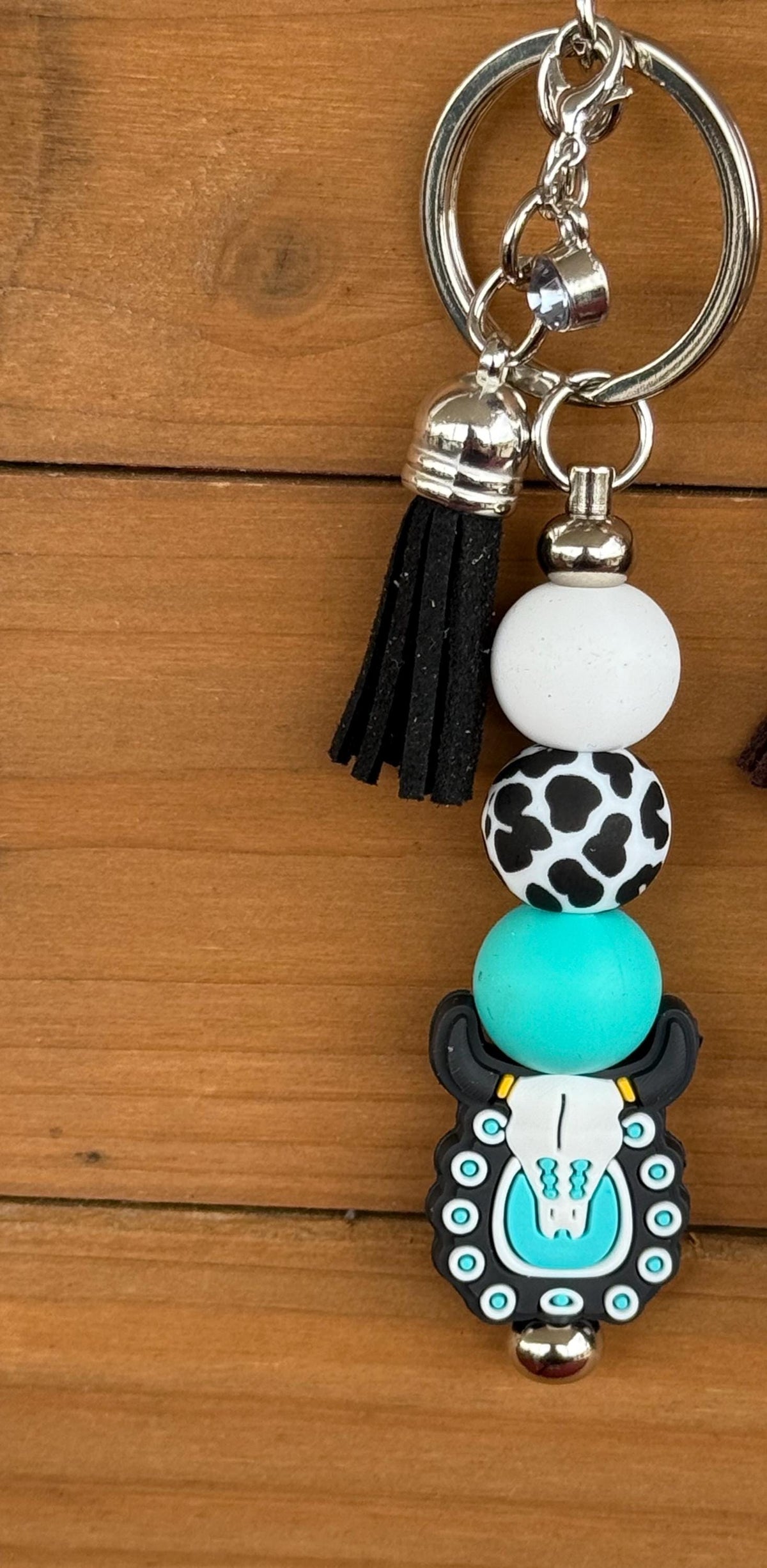 Western Longhorn Steer Skull Silicone Beaded Keychain with Leather Tassel