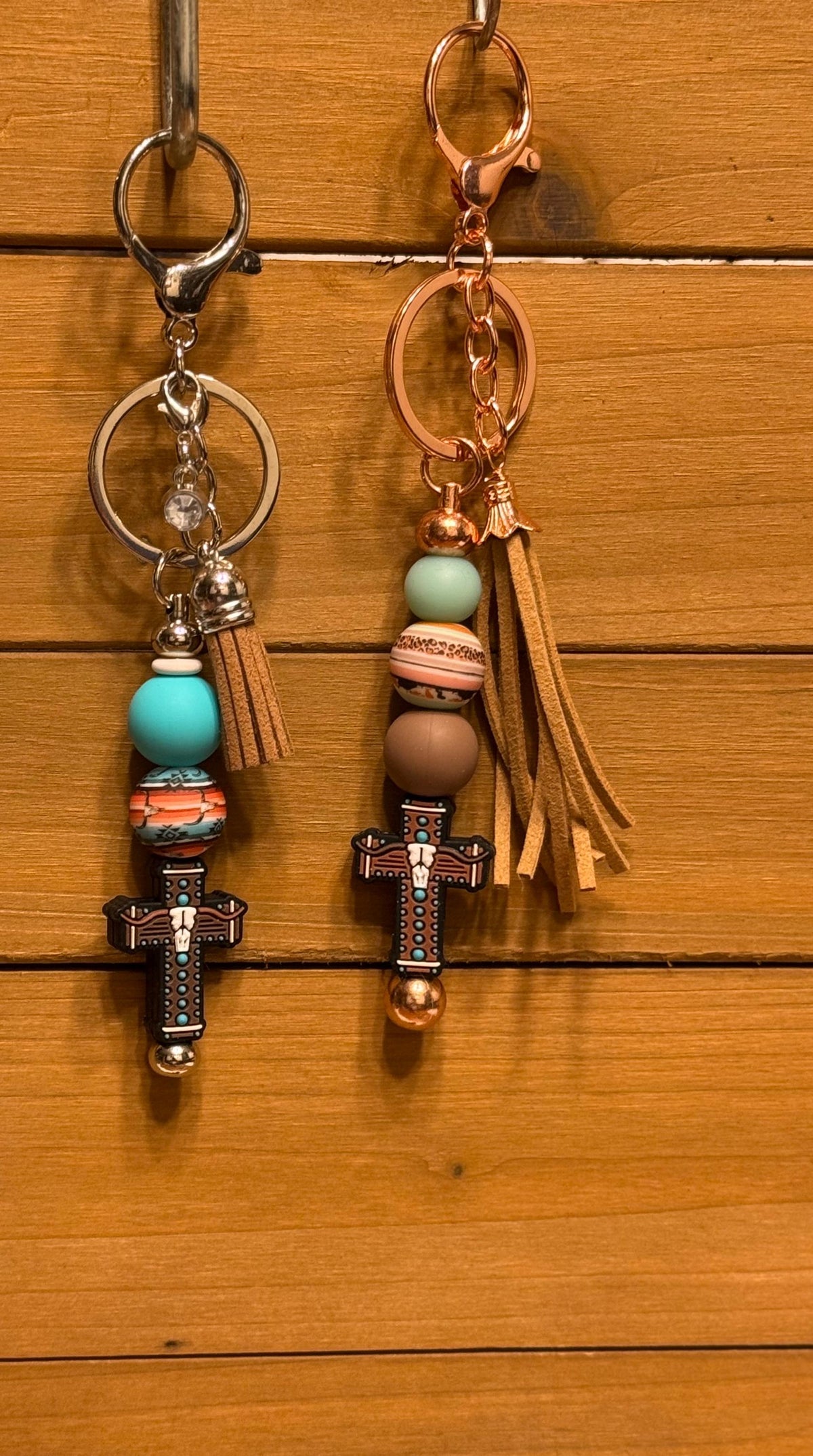 Western Longhorn Steer Skull Silicone Beaded Keychain | Turquoise Aztec & Cross Designs