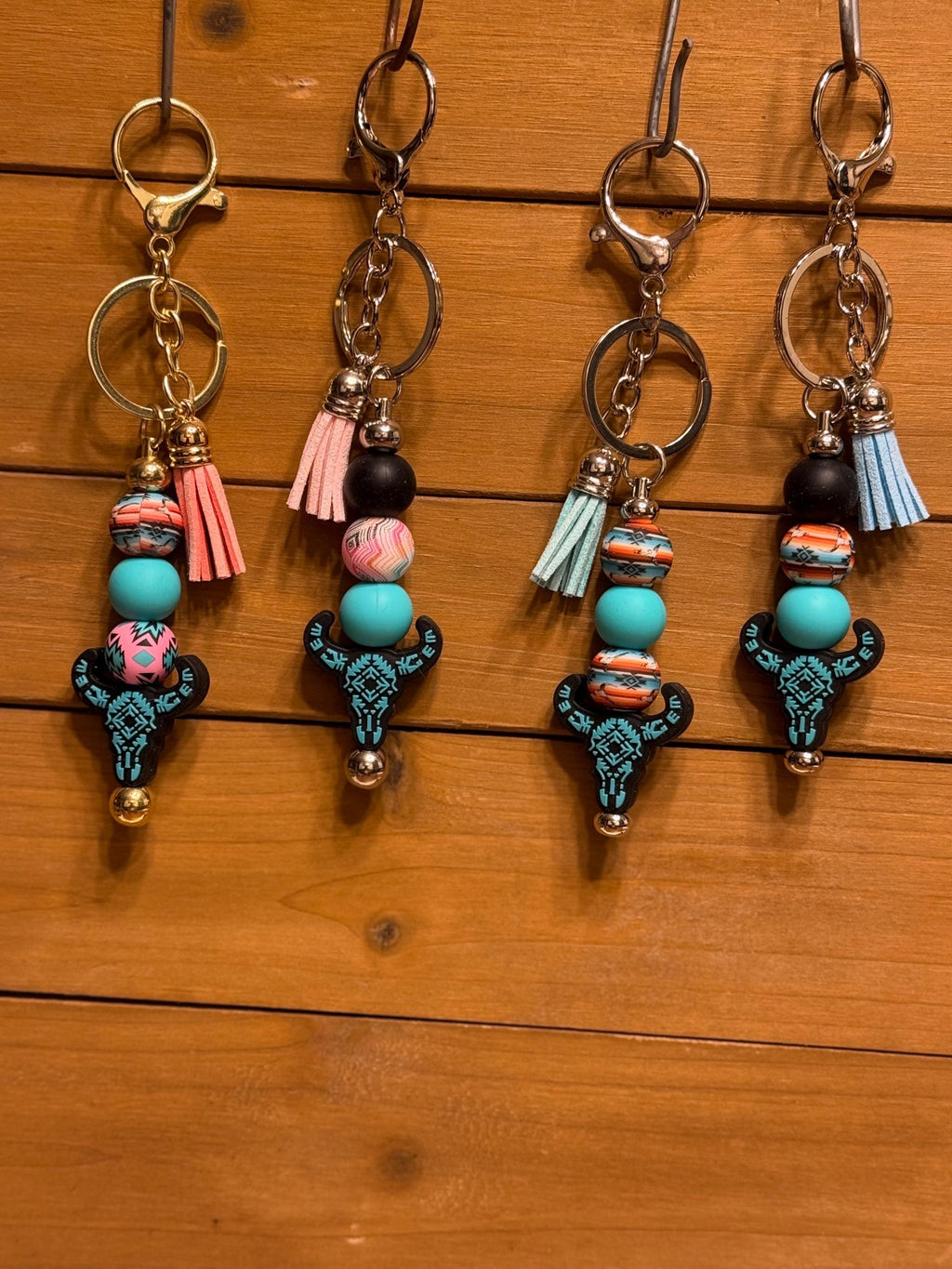 Western Longhorn Steer Skull Silicone Beaded Keychain | Turquoise Aztec & Cross Designs