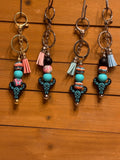 Western Longhorn Steer Skull Silicone Beaded Keychain | Turquoise Aztec & Cross Designs