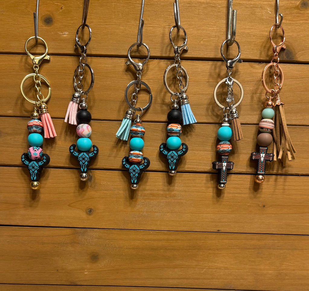 Western Longhorn Steer Skull Silicone Beaded Keychain | Turquoise Aztec & Cross Designs