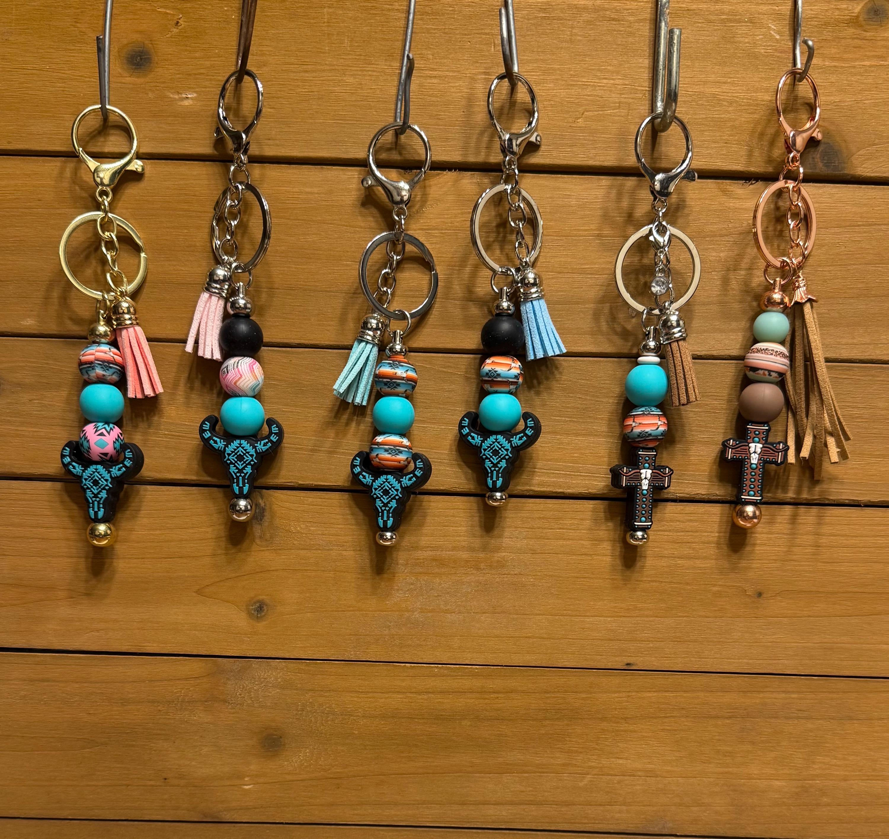 Western Longhorn Steer Skull Silicone Beaded Keychain | Turquoise Aztec & Cross Designs