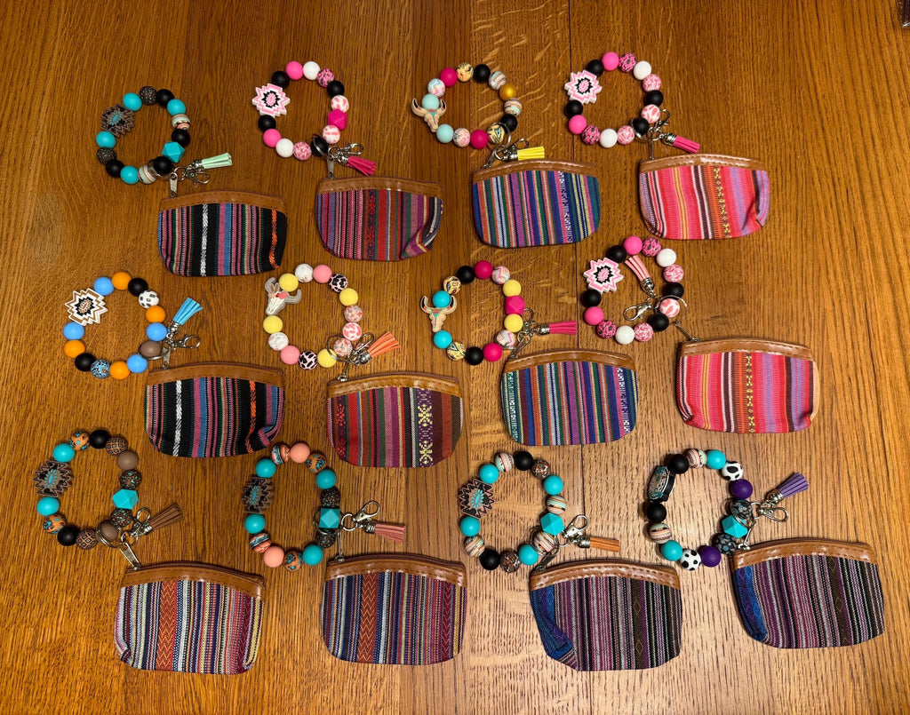 Western Boho Silicone Beaded Wristlet Keychain with Coin Purse & Leather Tassel