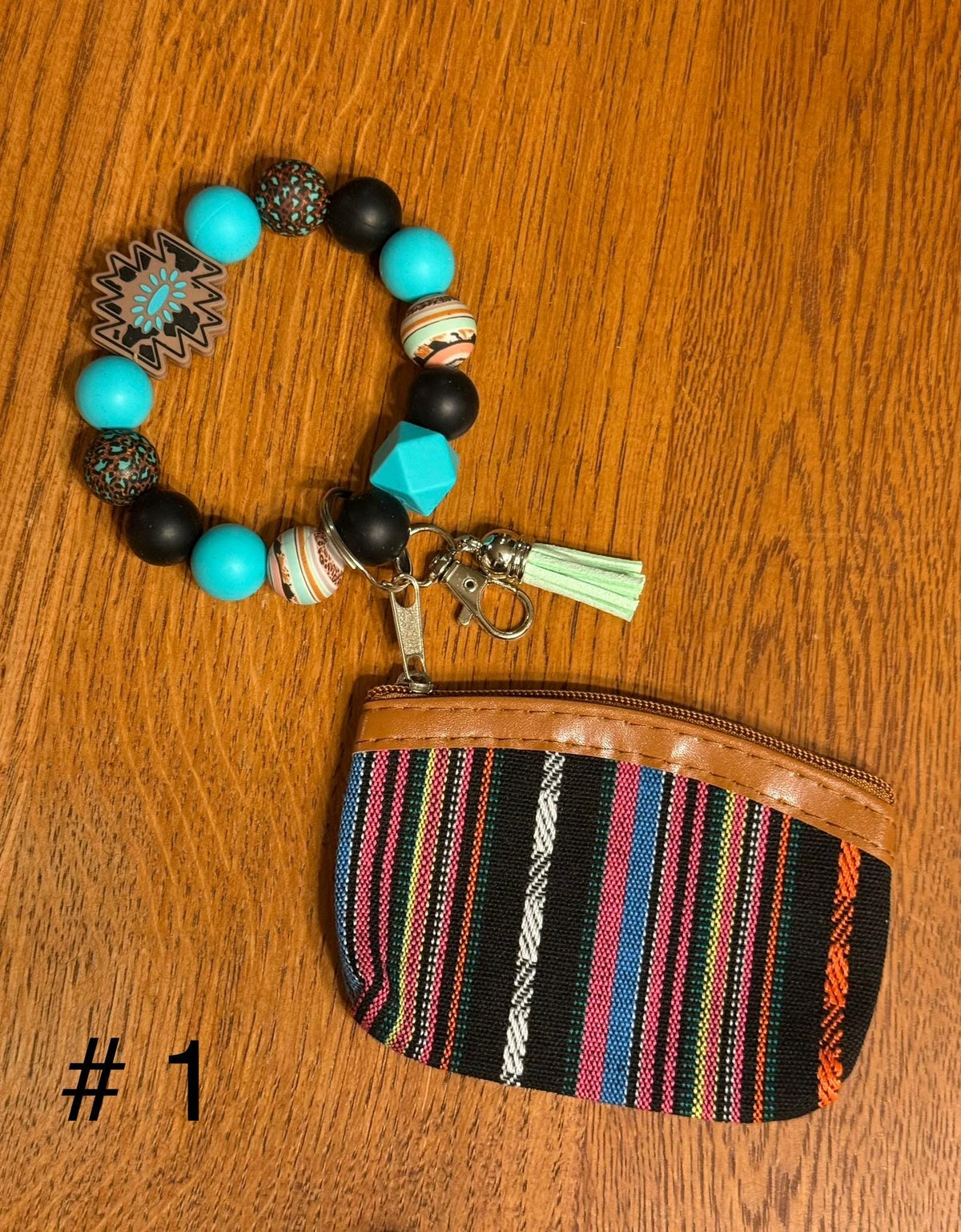 Western Boho Silicone Beaded Wristlet Keychain with Coin Purse & Leather Tassel