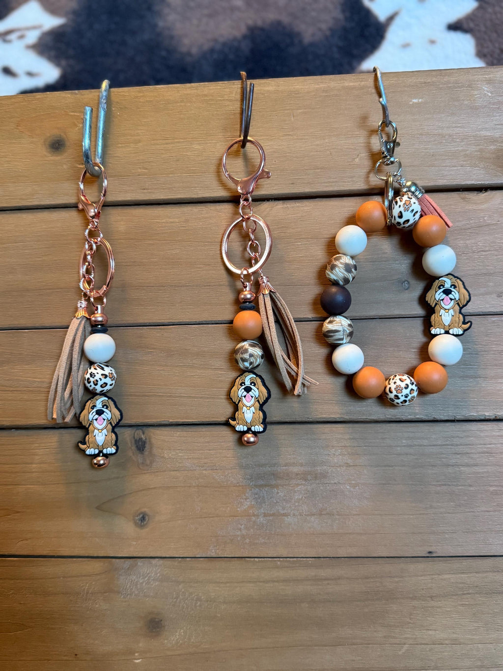 Goldendoodle Labradoodle Dog Silicone Beaded Keychain & Wristlet with Leather Tassel