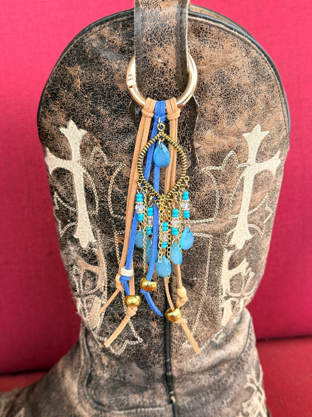 Blue & Gold Leather Fringe Boot Toppers with Beaded Charm (Set of 2)