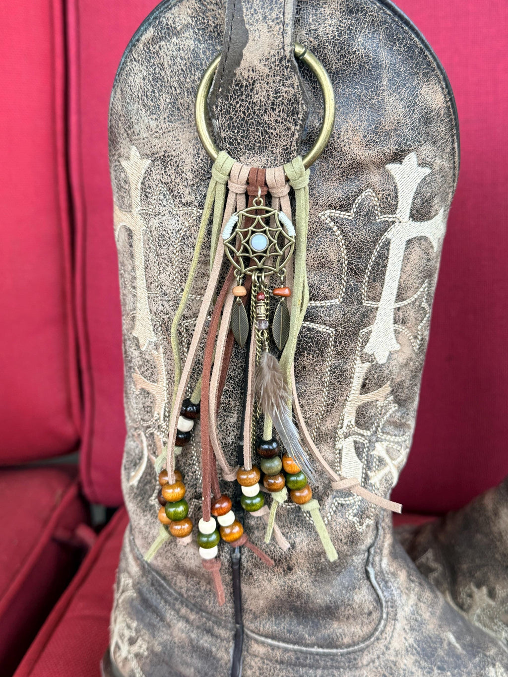 Western Boho Leather Fringe Boot Toppers with Dream Catcher Charm (Set of 2)