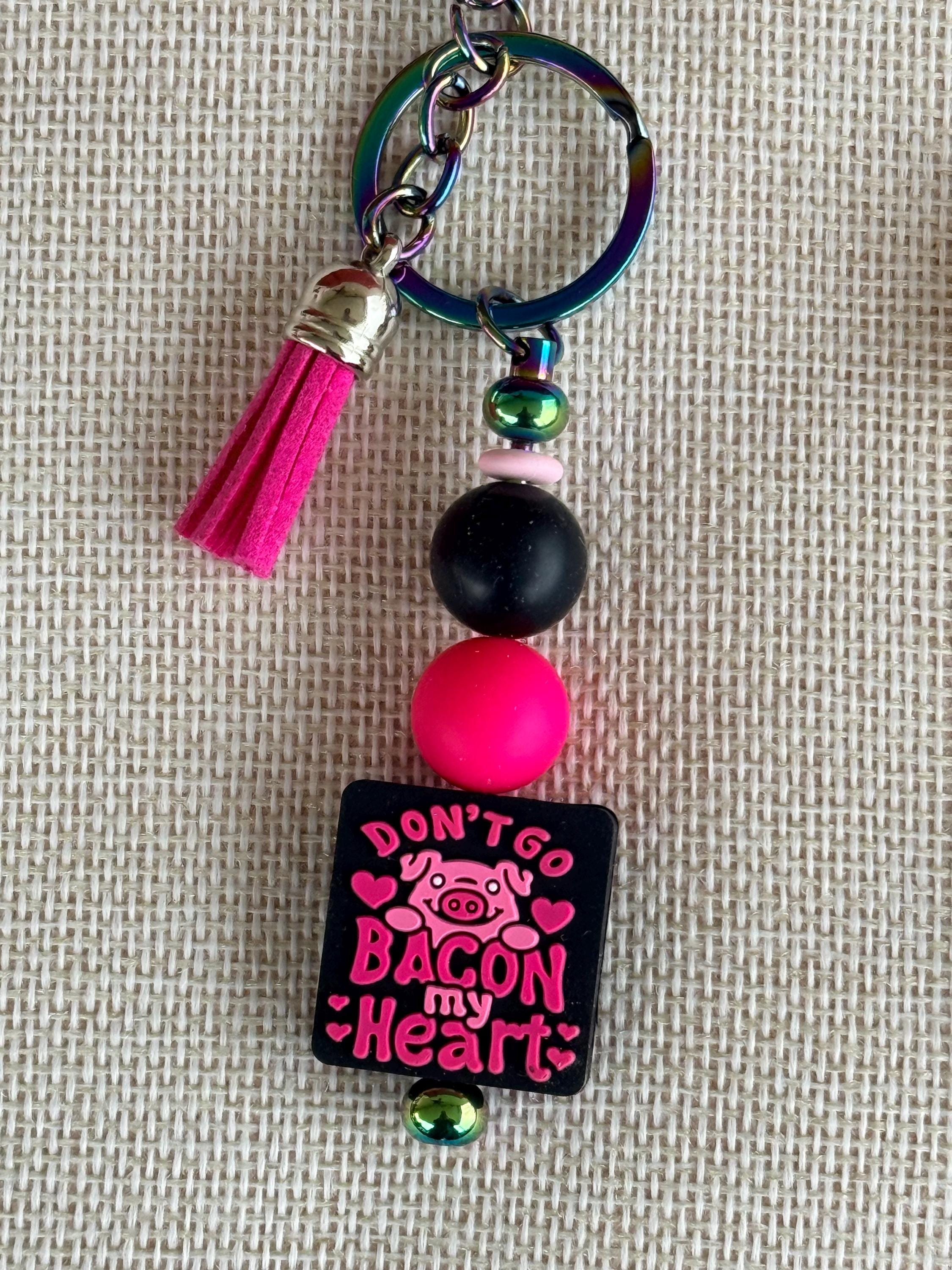 Don't Go Bacon My Heart Pig Silicone Beaded Keychain with Leather Tassel