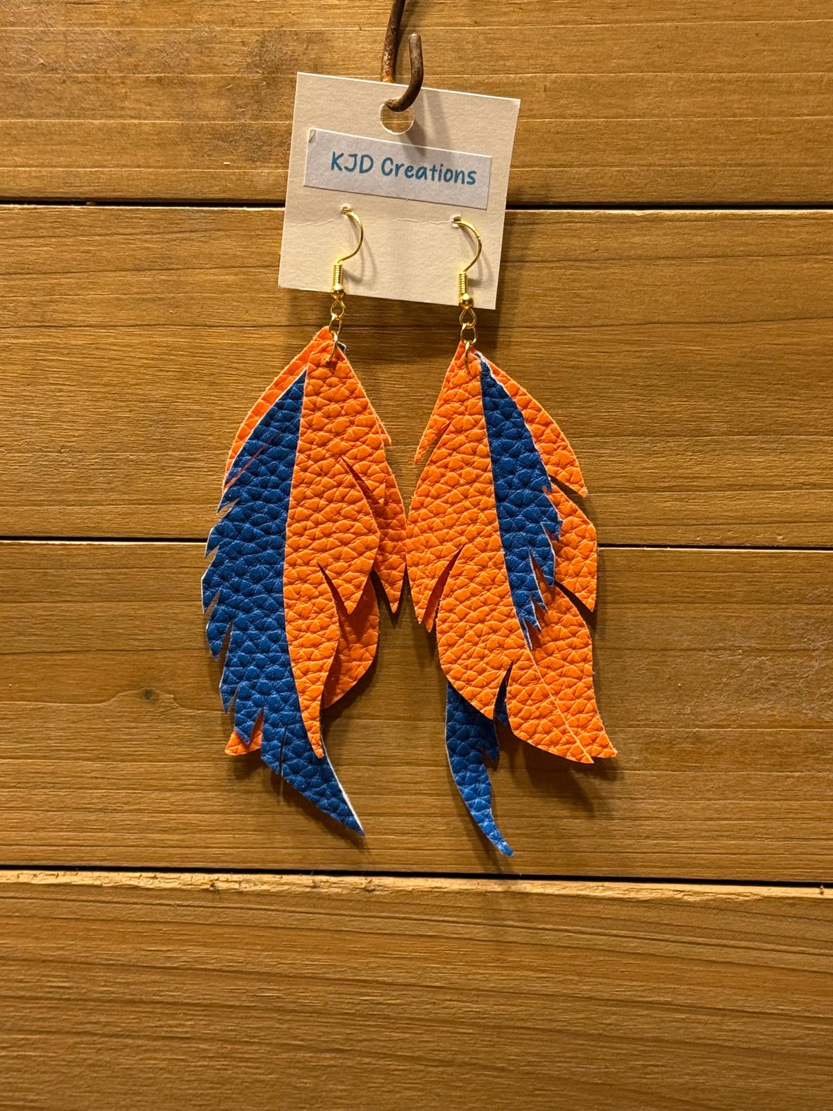 Boho Western Faux Leather Feather Dangle Earrings - Blue & Orange