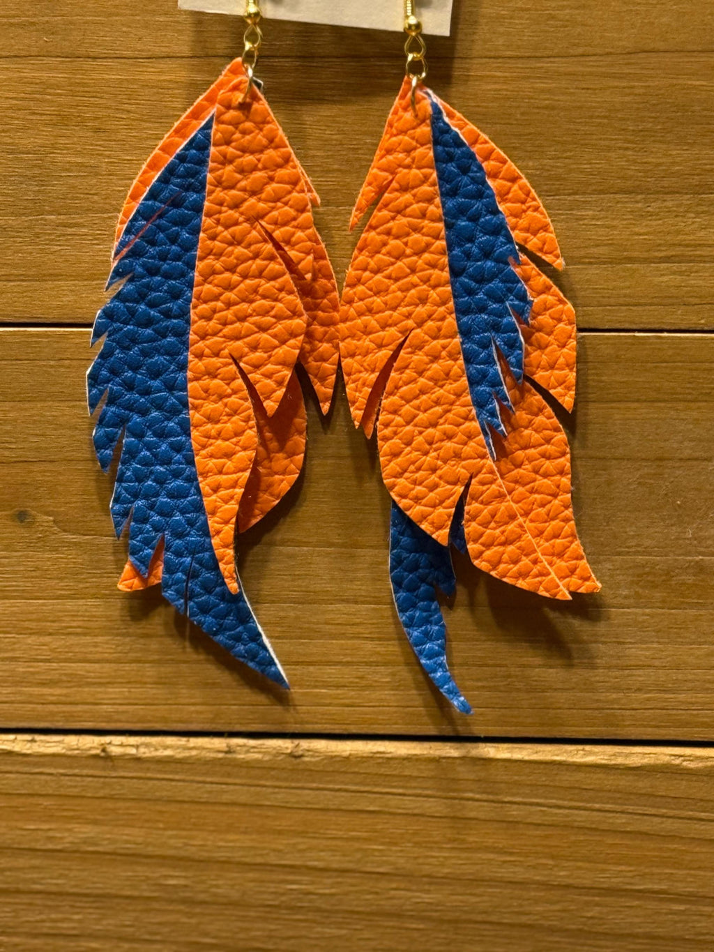 Boho Western Faux Leather Feather Dangle Earrings - Blue & Orange