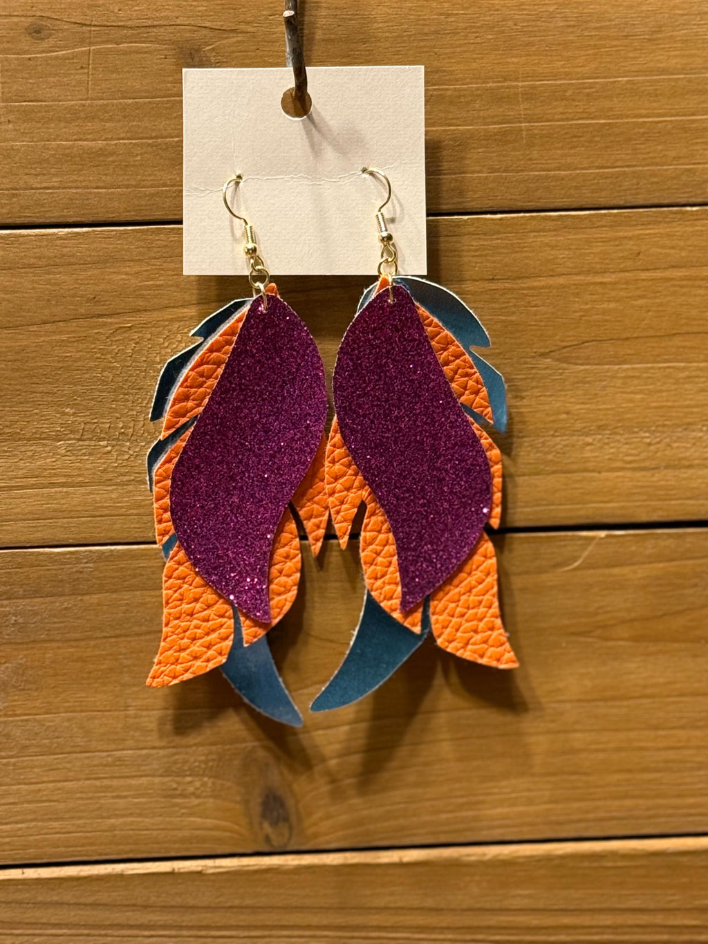 Boho Western Faux Leather Feather Fringe Dangle Earrings – Purple, Orange & Teal