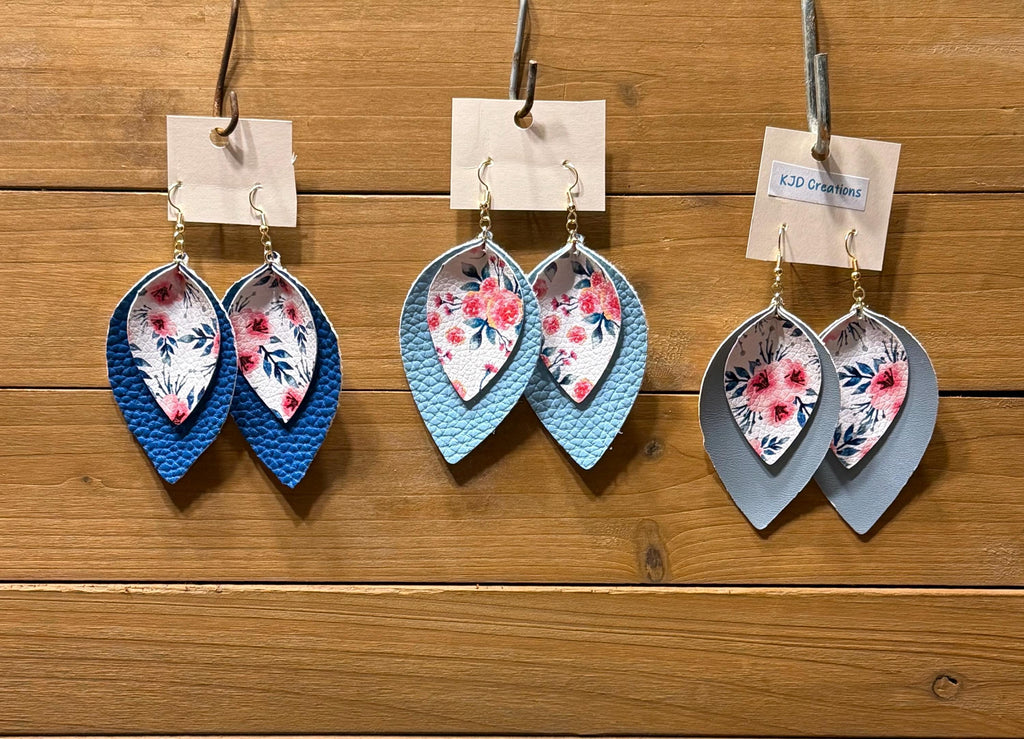 Boho Western Faux Leather Layered Leaf Dangle Earrings - Blue Floral and Textured Styles