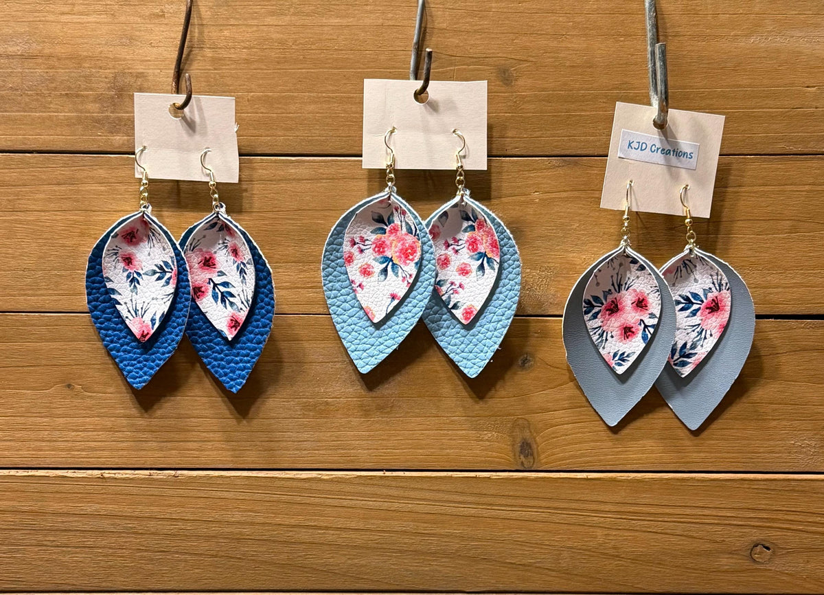 Boho Western Faux Leather Layered Leaf Dangle Earrings - Blue Floral and Textured Styles