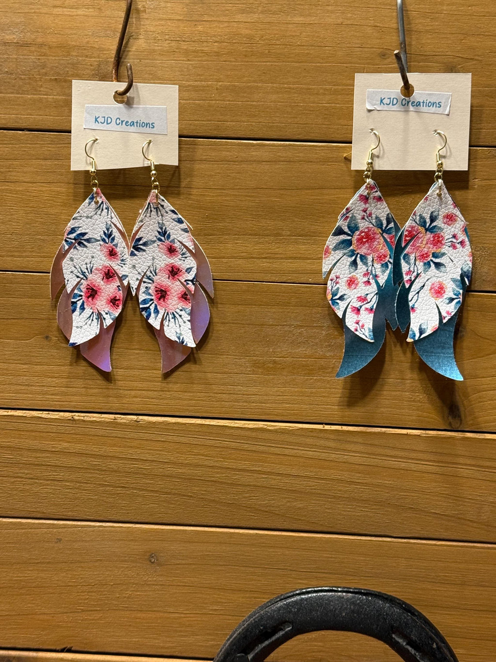 Boho Western Faux Leather Holographic Feather Dangle Earrings – Pink & Teal Floral