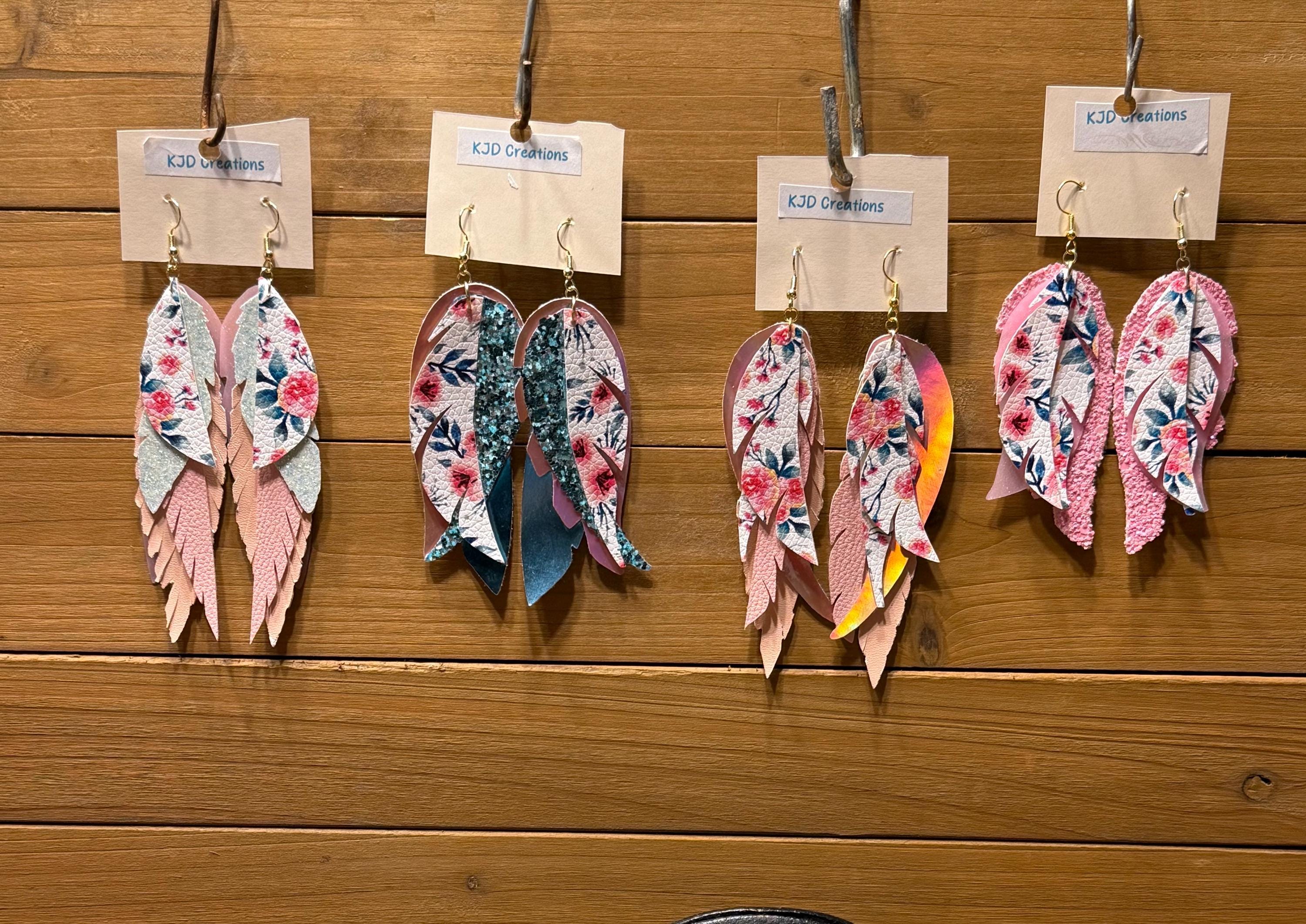 Boho Western Faux Leather Feather Dangle Earrings – Pink Floral Styles | Mint, Teal, Holographic & Glitter