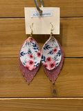 Boho Western Faux Leather Fringe Feather Dangle Earrings – Pink Glitter & Blue Floral Poppy